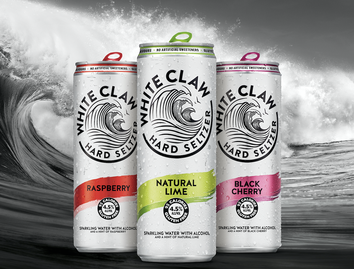 Three cans of White Claw Hard Seltzer against an image of a wave